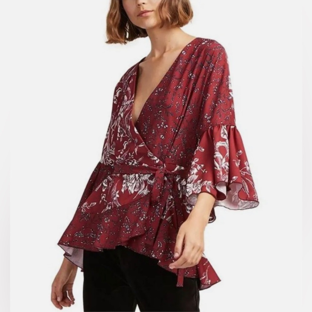 $98 French Connection XS Crepe Ellette Preppy Paisley Red White Wrap Blouse